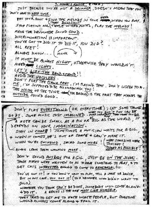 a scrawled note from Thelonious Monk to 'drummers'
